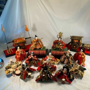 Vintage Handmade Japanese 6” Carved Royal Court Scene Dolls & Accessory Bundle